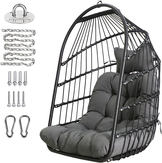 Chihee Egg Chair Foldable Wicker Rattan Hanging Swing Chairs Indoor Outdoor Patio Wicker Chair Hammock Chair with Stainless Steel Hanging Kit Chain Link UV Resistant Cushion Bedroom Balcony