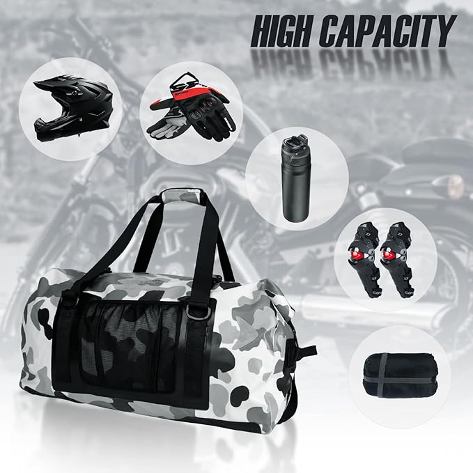 65L Waterproof Duffel Bag for Men and Women - Large Motorcycle Duffle Bag with Straps for Back Seat - Roll Top Dry Bag for Kayaking Rafting Boating Swimming Beach