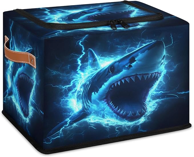 Shark Storage Box with Lid Sea Animals Collapsible Storage Bins Baskets Cubes Closet Shelf Clothes Organizer Containers with PU Leather Handles