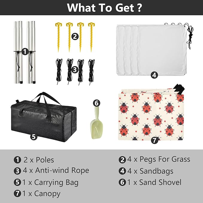 ALAZA Lady Bug Polka Dots Beach Tent Sun Shelter UPF50+ Protection Beach Shade Canopy w/ 4 Sandbags for Outdoor Camping Fishing Backyard Fun Picnic 10x9 ft