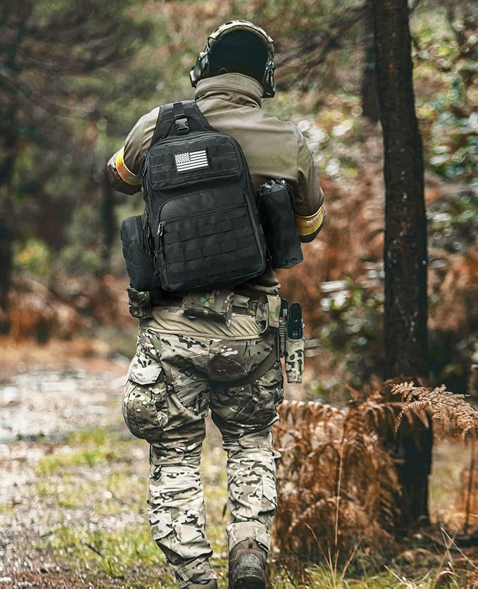 CVLIFE Tactical Sling Bag Backpack for Men Military Shoulder Sling Bag Molle Detachable Tactical Bag with Bottle Holder Hidden Pocket Daily Day Pack Work Bag for EDC Hiking Black