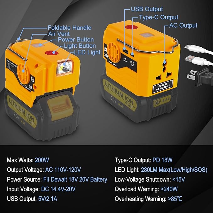 DC 20V to AC 110V Power Inverter Compatible with Dewalt 20V Max Battery 200W Portable Modified Sine Wave Power Inverter Converter with LED Light USB and Type-C Port(No Battery)