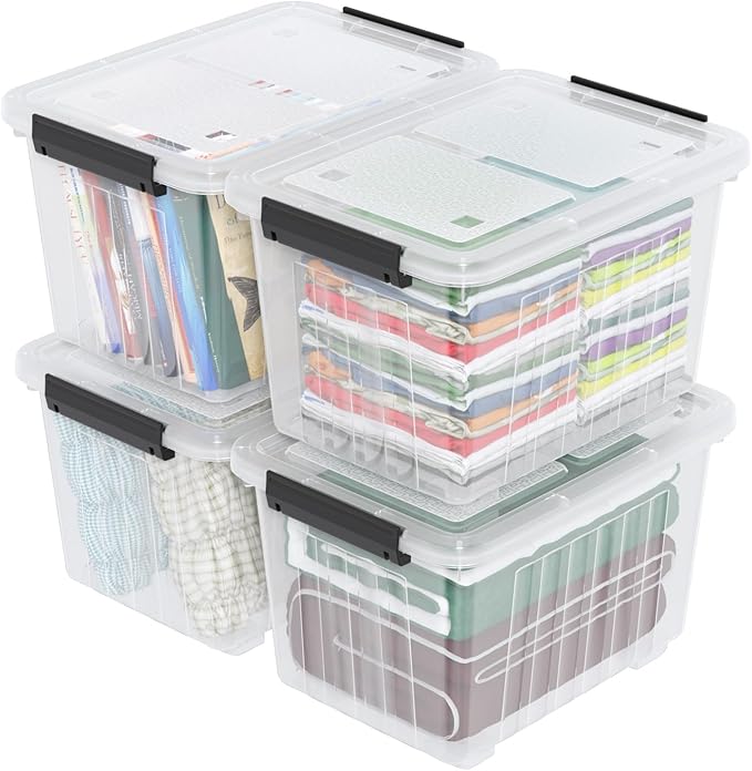 50 L 4 Packs Plastic Storage Box with Latching Lid and Wheels Clear Storage Container Bins