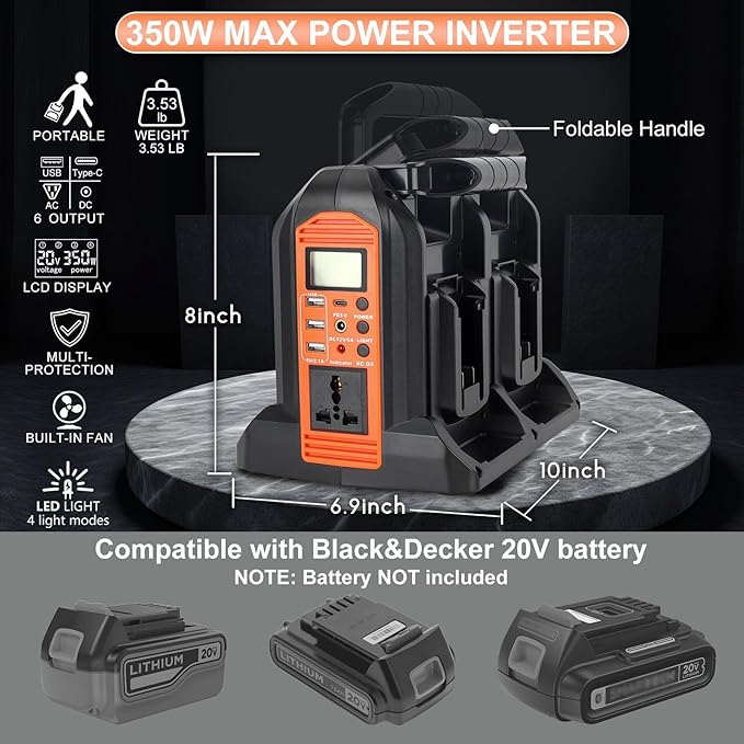 DC 20V to AC 120V Power Inverter for Black and Decker 20V Battery 350W Pure Sine Wave Power Portable Inverter Converter with LCD Display and LED Light 4 Battery Port