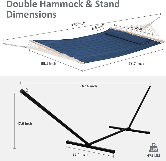 SUNCREAT Extra Large Hammocks for Outside Heavy Duty Hammocks with Stands Included Navy