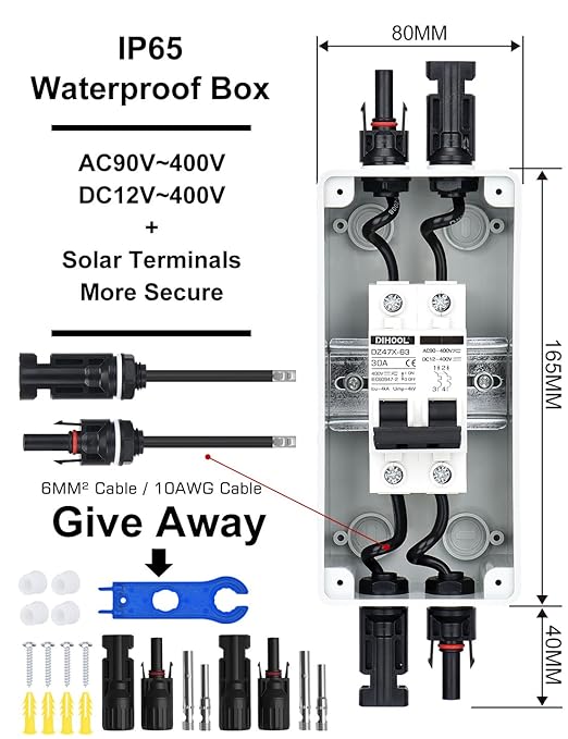 DIHOOL 30 Amp Solar Disconnect Switch Miniature Circuit Breaker with din Rail Enclosure Outdoor Box for Solar Panels
