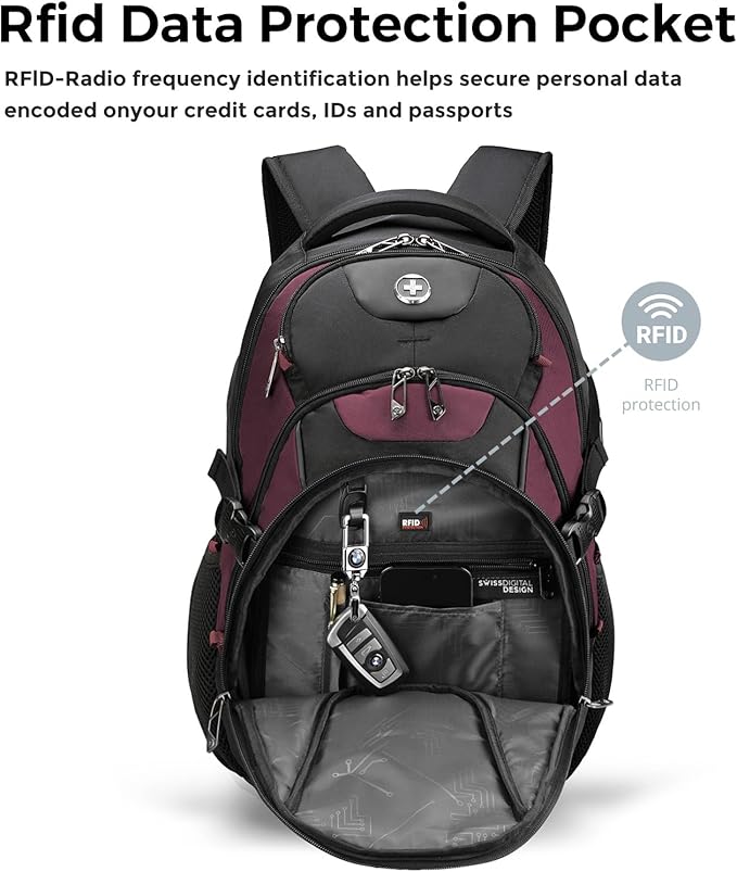 Swissdigital Design Laptop Backpack with USB Charging Port Travel Backpack Fits 15.6 inches Computer 31L College School Backpack for Women Angola red/Black | SD803-44