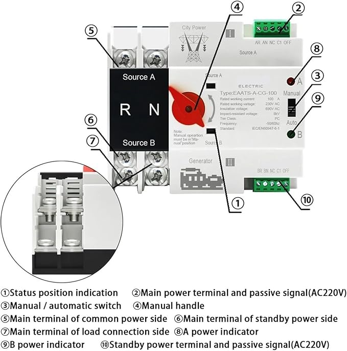 Dual Power Automatic Transfer Switch Single Phase Din Rail ATS PV 2P 4P 100A AC 110V 220V Dual Power Automatic Transfer Electrical Selector Switches Uninterrupted(City Grid-City Grid4P AC 110V)