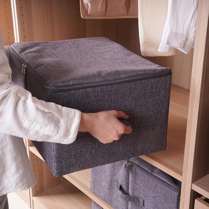 iwill CREATE PRO Pack of 2 Fabric Folding Washable Clothes Storage Boxes with Zip Lid for Wardrobe Black Gray