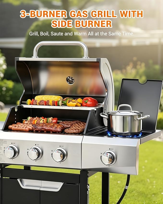 EUHOME 40500 BTU 3-Burner Propane Gas Grill with Side Burner Stainless Steel Outdoor BBQ Grill with 380 sq.in Cooking Space 4 Swivel Casters &amp Cast Iron Grates for Patio Backyard Garden