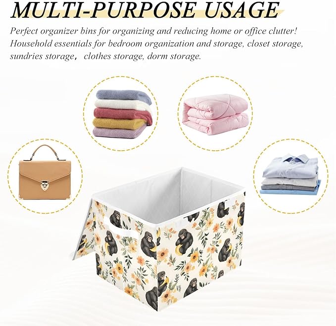 Gorilla Floral Storage Cube Bins Basket with Lid Collapsible Flip-top Fabric with Handle for Home Bedroom Closet Office 16.5×12.6×11.8 in