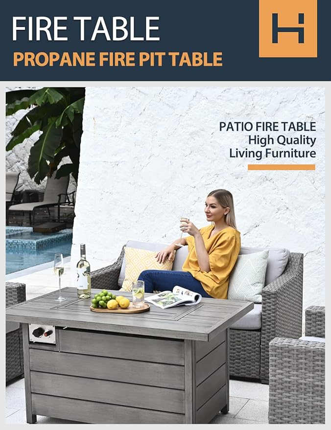 Propane Fire Pit Table HAPPATIO 48inch 50000 BTU Gas Fire Pit with Aluminum Slats Table Top Lid Black Glass Rock Aluminum Fire TableCSA Safety Certified for Outside Patio(Gray)