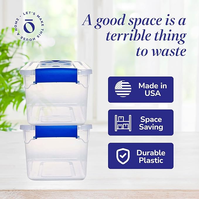 HOMZ 5-Pack Latching Lid Clear Plastic Storage Organizer Bins 7.5 Quart Blue Latch - Stackable Organizing Containers for Home Garage and Office