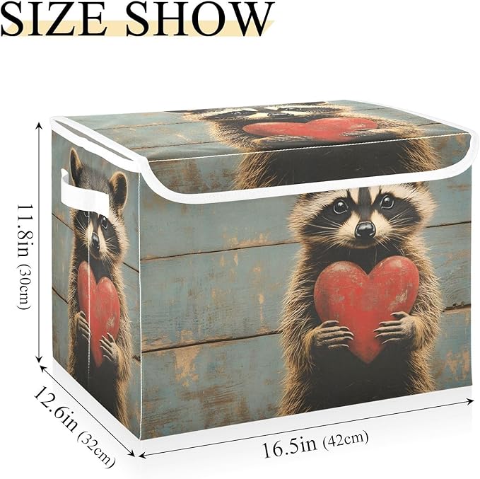Storage Cube with Lid Wood Raccoon Print 16.5×12.6×11.8 IN Collapsible Large Capacity Foldable Storage Basket Bin Organizer