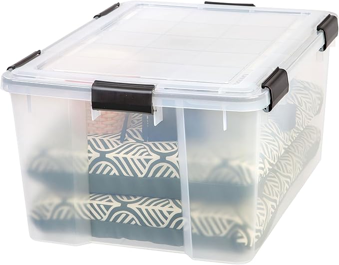 IRIS USA WeatherPro 63 Qt Storage Bins with Lids 4 Pack BPA-Free Plastic Gasket Box with Tight Latch and Seal Stackable Nestable Tote Tub - Clear/Black