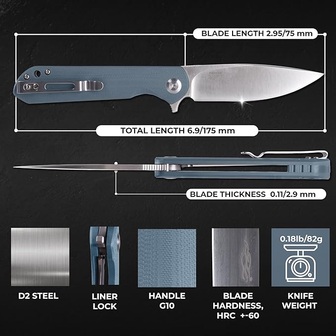 Firebird GANZO FH41S-GY Pocket Folding Knife D2 Steel Blade G10 Anti-Slip Handle with Clip Fishing Hunting Camping Outdoor Flipper EDC Pocket Knife Best Gift for Men and Women (Grey)