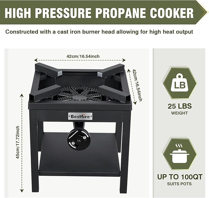 Bestfire 260000 BTU Outdoor Propane Gas Stove with 0-20 PSI Adjustable Regulator and Steel-Braided Hose for Outdoor Home Cooking and Turkey Frying