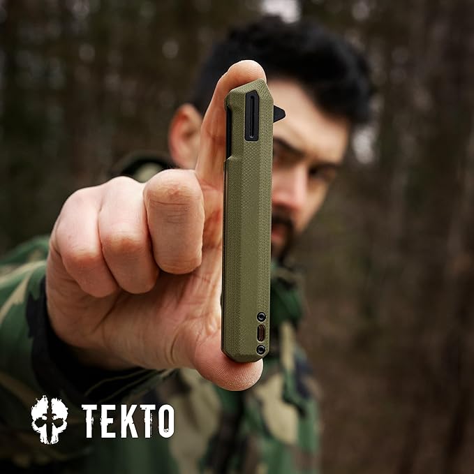 TEKTO F2 Bravo Folding Pocket Knife - D2 Steel Blade Ceramic Ball Bearings - EDC - Snap Swift Flip for Camping Backpacking - 2.4oz (68g) G10 OD Green Handle Black Titanium Accents