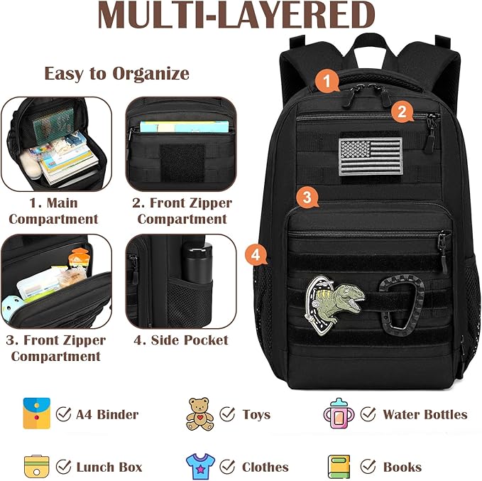 Kids Tactical Backpack Army Molle Bookbag Military Boys Backpack for School Outdoor Camping Black+Black