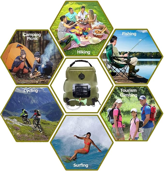 VICASKY Solar Shower Bag Shower Nozzle Portable Outdoor Hiking Water Storage for Camping Beach and Travel Olive Green Easy to Use Folds for Storage