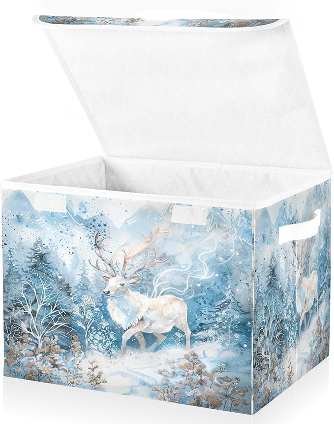 senya Winter Baskets Collapsible Storage Bins with Lids Winter White Reindeer Snow Storage Boxes Clothes Baskets for Organizing