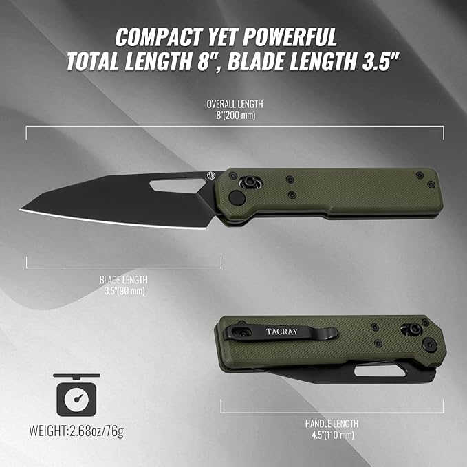 TACRAY Tarcus Folding Pocket Knife 3.5 D2 Steel DLC Blade G10 Handle Lightweight EDC Knife with Crossbar Lock for Men and Women Ideal for Camping Hiking and Survival