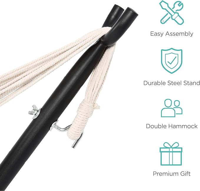 Best Choice Products Double Hammock with Steel Stand Indoor Outdoor Brazilian-Style Cotton Bed w/Carrying Bag 2-Person Capacity - Desert Stripes