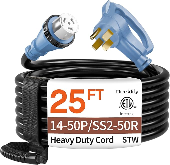 25FT 50 Amp Generator Cord NEMA 14-50P/SS2-50R Heavy-Duty 4 Conductors Cable Pure Copper STW RV Extension Cord Female Plug with Twist Lock Suitable for RV or Camper ETL Listed