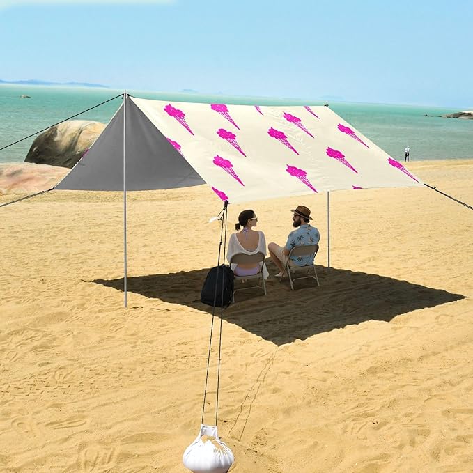 Beach Canopy with Windproof Ropes &amp Sandbags Beach Tent Sun Shade Sun Shelter for Camping Trips Fishing Backyard Fun or Picnics Ice Cream