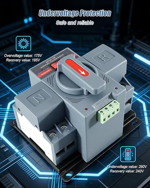 100A AC220V Dual Power Transfer Switch 2Pole ATS Automatic/Manual Changeover Transfer Switch for Home Generator Solar Power System with Auto Selector Over/Under Voltage Protection 50/60Hz