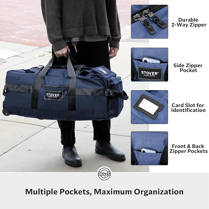 STOVER 45/80/100L Rolling Duffel Bag with Wheels Large Durable Travel Duffle + Toiletry Bag Heavy Duty Packable Foldable with Shoulder Straps- Use as Luggage or Backpack Men/Women (Blue)