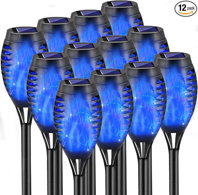 Outdoor Solar Lights Blue 12 Pack Solar Torch Lights with Flickering Flame Waterproof Mini Tiki Torches for Landscape Garden Pathway Dusk to Dawn Auto On/Off