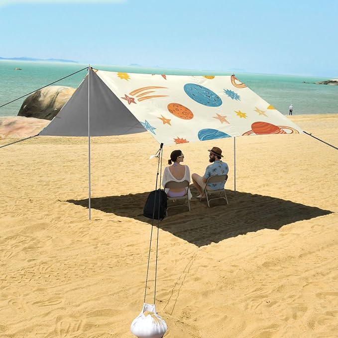 Beach Canopy with Windproof Ropes &amp Sandbags Beach Tent Sun Shade Sun Shelter for Camping Trips Fishing Backyard Fun or Picnics Planet