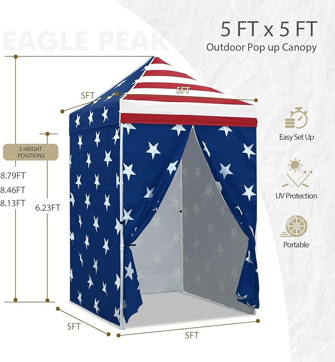 EAGLE PEAK 5x5 Instant Canopy with 4-Side Wall Panels Small Pop up Portable Canopy Tent with Carry Bag Light Weight Sun Shelter for Sports Camping and Beach American Flag