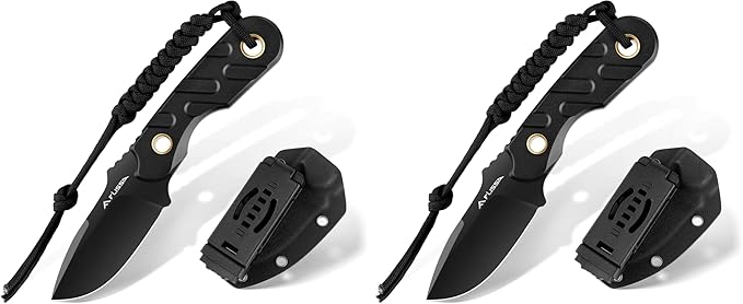 FLISSA Fixed Blade Knife 7 Inch Full Tang Hunting Knife with Kydex Sheath and Emergency Rope Tactical Knife for Survival Camping Hiking(Black) (Pack of 2)