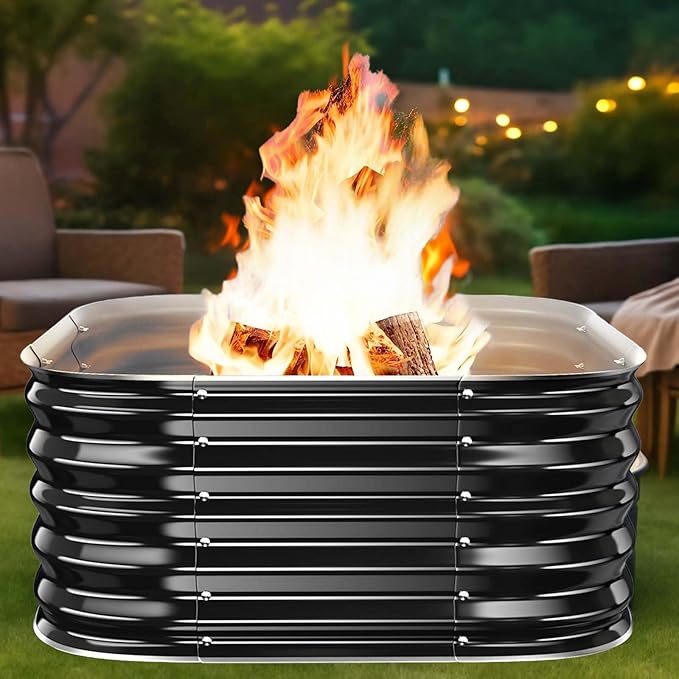 16.5''Tall Fire Pit Ring for Outside - 27IN Heavy Duty Square Wood Burning Firepit &ampOutdoor FireplacesHigh Heat ResistantGalvanized Steel Metal Bonfire Pits Portable for CampingBackyardBeachP