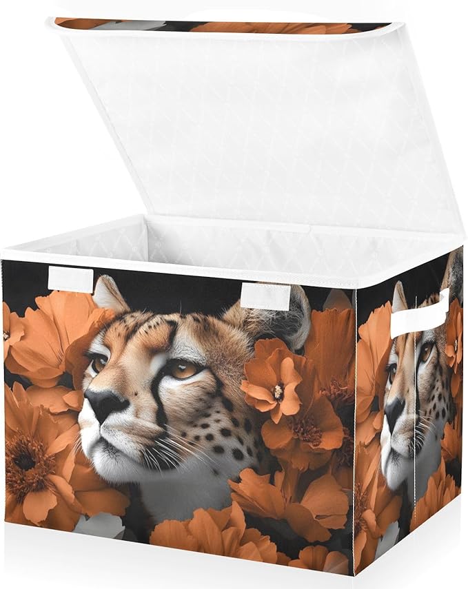 AIXIWAWA Lidded Storage Cube (Cheetah Flower) Fabric Foldable Closet Bins with Flip Lid and Handles Organizer Basket Container 16.5 x 12.6 x 11.8 IN