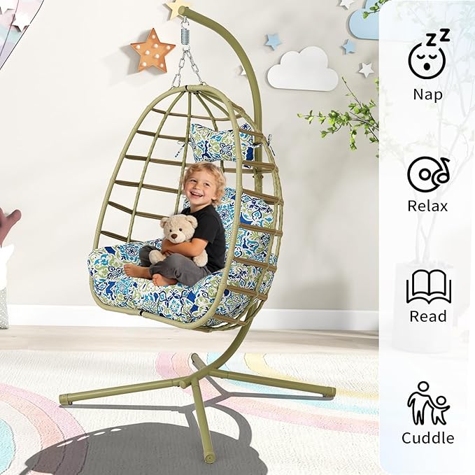 Hanging Egg Chair with Stand Outdoor Indoor Patio Rattan Swing Hammock Chairs with Washable Cushion 350lbs Capacity PE Wicker Swing Chair for Backyard Bedroom Garden (Cyan + Floral Cushion)