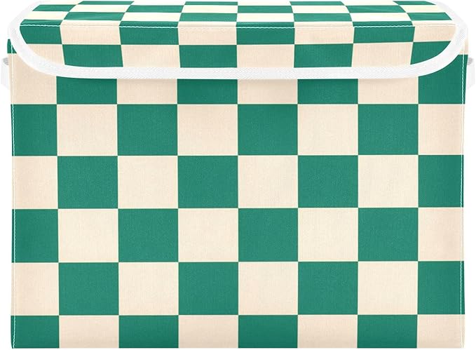 Green Checkerboard Square Grid Storage Box with Lid 1 PC Foldable Storage Bin with Lids Stackable Storage Bins Cube Closet Organizer Basket with Flip-Top Lid &amp Handles for Shoes Books Towels