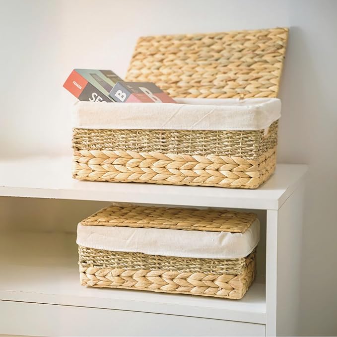 Wicker Storage Baskets with Lid and Lining Built-in Carry Handles Set of 2 Handwoven Water Hyacinth Storage Baskets For Organizing Home Decoration 2 Pack Natural