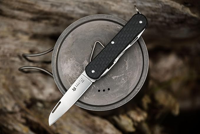 Fox Knives Vulpis FX-VP130-F4 Slipjoint Folding Knife 4-in-1 Multitool 2.17in Blade Bottle Opener Can Opener Flat Head Screwdriver Scissors - Compact Versatile Pocket Knife (Carbon Fiber)