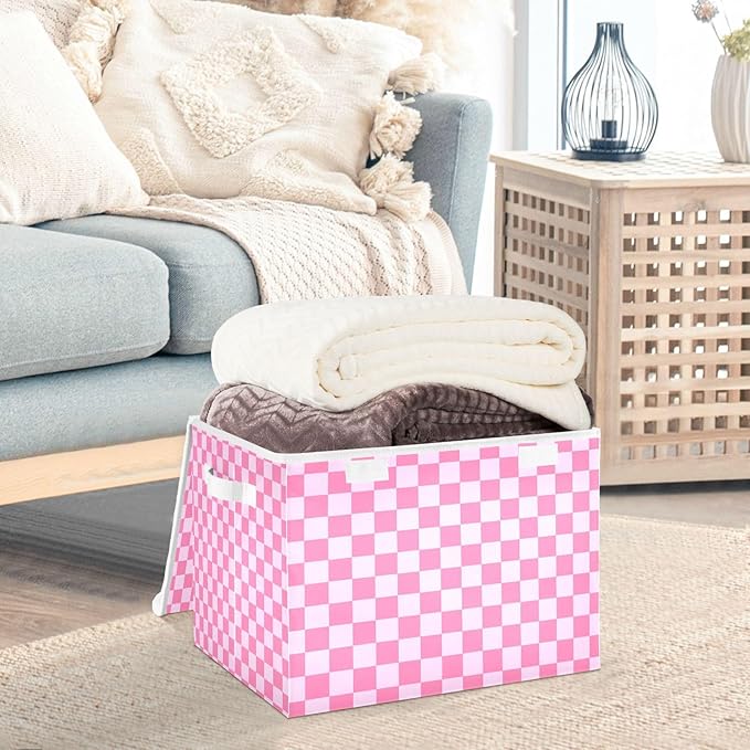 Collapsible Storage Bins with Lids Decorative Fabric Storage Cubes Closet Organizer and Storage Basket Boxes Containers for Clothes Box Chest Nursery Folding Rectangle Checkered Pink