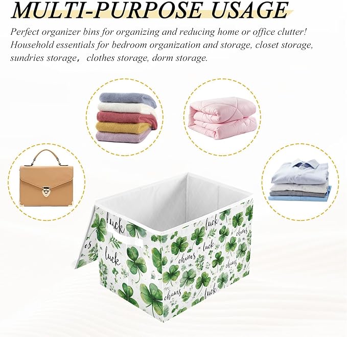 White Green Clover St. Patrick's Day Storage Box with Lid 1 PC Foldable Storage Bin with Lids Stackable Storage Bins Cube Closet Organizer Basket with Flip-Top Lid &amp Handles for Shoes Books Towels
