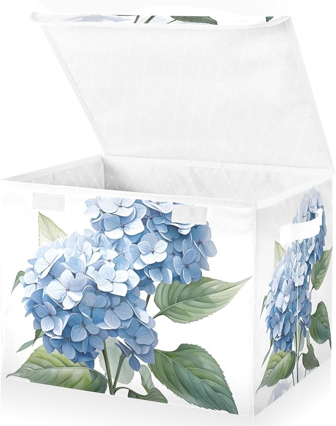 ALAZA Storage Bins Organizer Box Baskets Lidded Clothes for Shelves Closet Hydrangea Flower Blue Collapsible Stackable Storage Cubes Handles