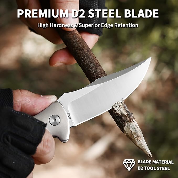 Small EDC Pocket Knife for Men &amp Women - 3 Trailing Point D2 Blade Titanium Handle with Button Lock &amp Pocket Clip | Small Slim Cool Folding Knife for Daily Carry Camping Hiking &amp Outdoo
