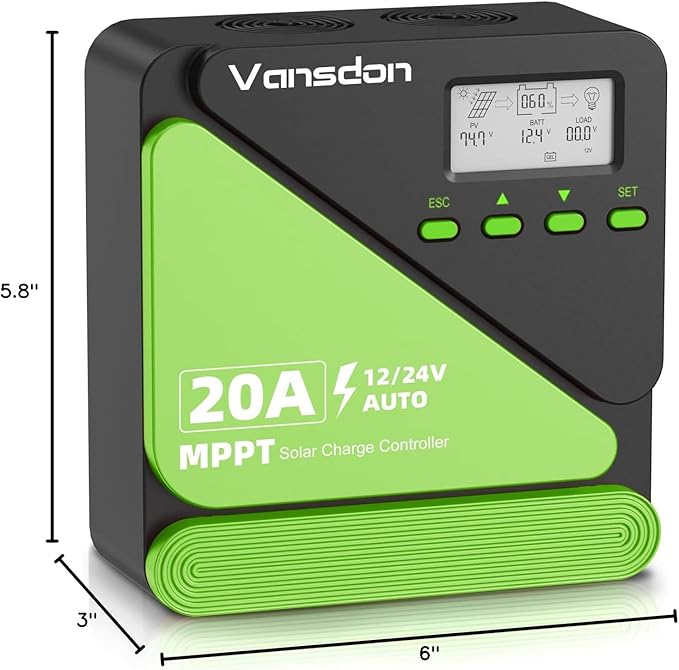 Vansdon 20A Solar Charge Controller 12V/24V MPPT Solar Charge Controller Adjustable LCD with Timer Dual USB Ports for RV Boat Cabin Off-Grid Systems Compatible with FLD/LiFePO4/SLD/GEL/AGM