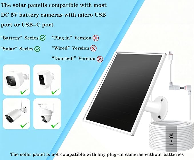 10W Solar Panel for Ring Camera/Outdoor Cameras Solar Charger with USB-C &amp &amp Barrel Plug for Ring Stick Up &amp Spotlight Cam Series IP65 Waterproof 360° Adjustable Mount 10ft Cable Whit
