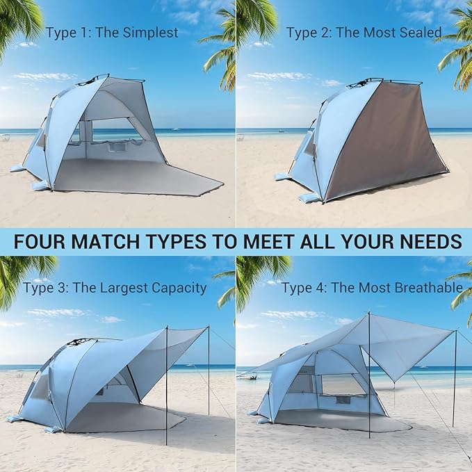 Elegear CumbreX™ Beach Tent with 360° Removable Canopy 4-6 Person Pop Up Sun Shade Shelter UPF 50+ Automated Installation Double Silver Coating Portable Lightweight Beach Cabana for Beach/Outdoor