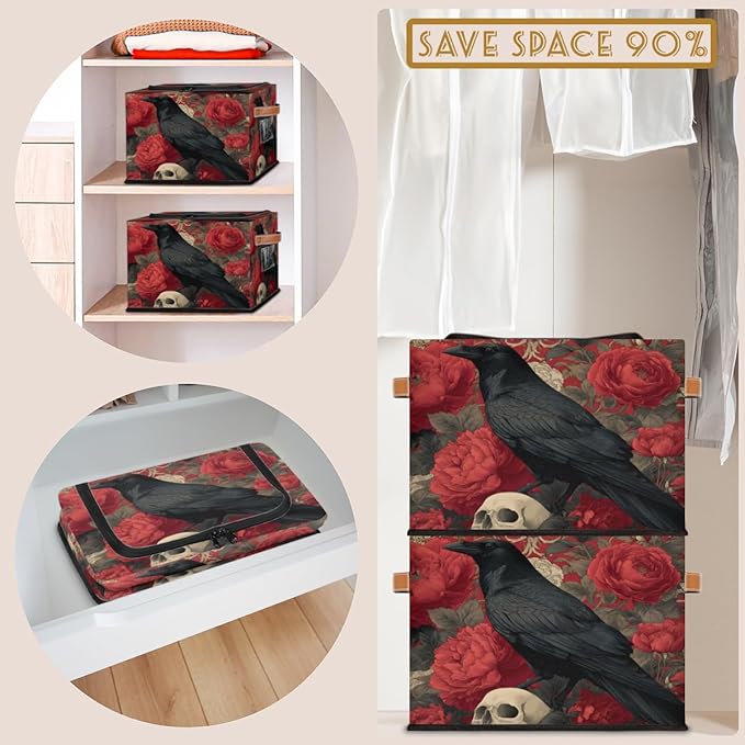 Halloween Raven Storage Bins with Lids Skull Flower Collapsible Cube Storage Basket with Leather Handle Foldable Storage Box with Lids for Organizing Home Closet