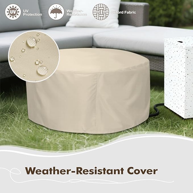 30 Round Propane Fire Pit Table - 50K BTU with Lid Rocks Tank Storage and Cover - Round Gas Fire Pits for Outside Patio - Outdoor Table with Firepit (White/Golden Light 30 Round)
